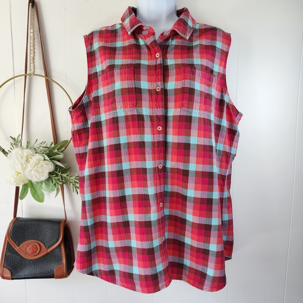 The North Face Red Multi Plaid Sleeveless Button-Down Top